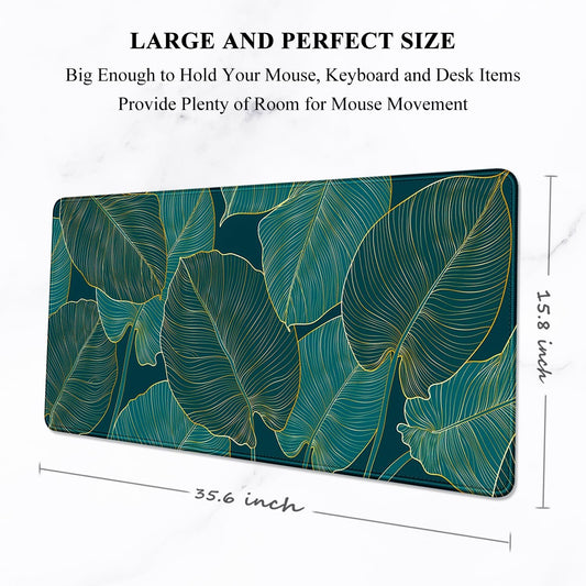 Desk Mat, Ultra Large Mouse Pad, XXL Gaming Mousepad, Green Tropical Leaves Deskpad, Big Extended Full Size Mouse Pad, Desktop Desk Matt for Keyboard, Laptop & Computer, 35.5 X 15.7 In