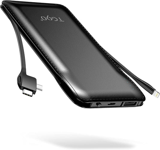 Portable Charger with Cords Only 10000Mah Power Bank with Built in Cables(No Plug) Battery Backup Cell Phone External Battery Pack Compatible with Iphone 17 16 15 14 13 12 Samsung Google Ipad