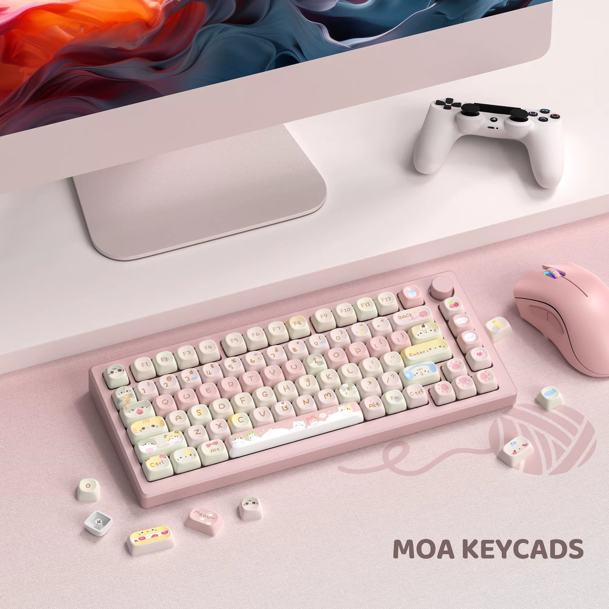 Pink Cat Dye Sublimation PBT Keycaps 136 Keys MOA Profile Keyboard Keycaps for Cherry Gateron MX Switches Mechanical Keyboards