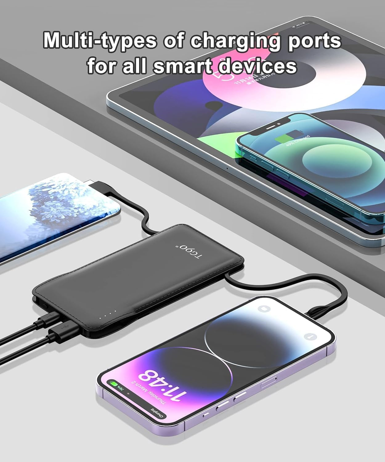 Portable Charger with Cords Only 10000Mah Power Bank with Built in Cables(No Plug) Battery Backup Cell Phone External Battery Pack Compatible with Iphone 17 16 15 14 13 12 Samsung Google Ipad