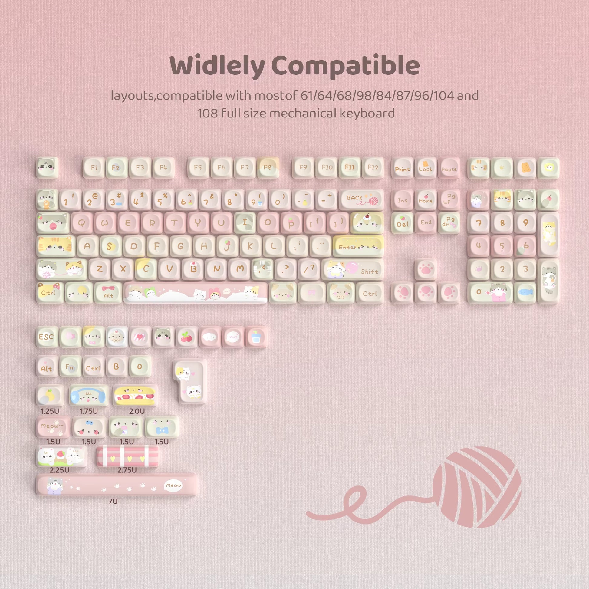 Pink Cat Dye Sublimation PBT Keycaps 136 Keys MOA Profile Keyboard Keycaps for Cherry Gateron MX Switches Mechanical Keyboards