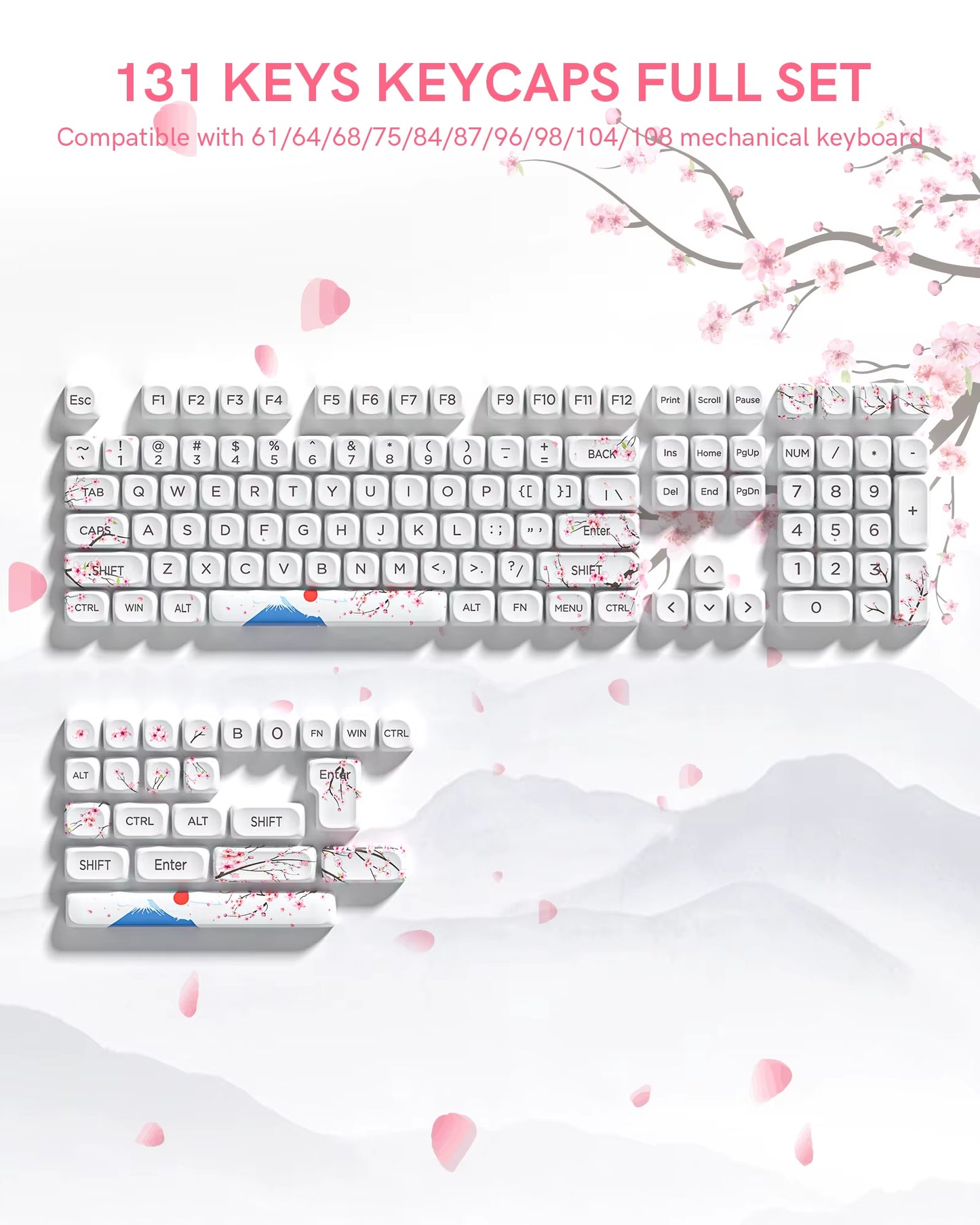 Pink Cat Dye Sublimation PBT Keycaps 136 Keys MOA Profile Keyboard Keycaps for Cherry Gateron MX Switches Mechanical Keyboards