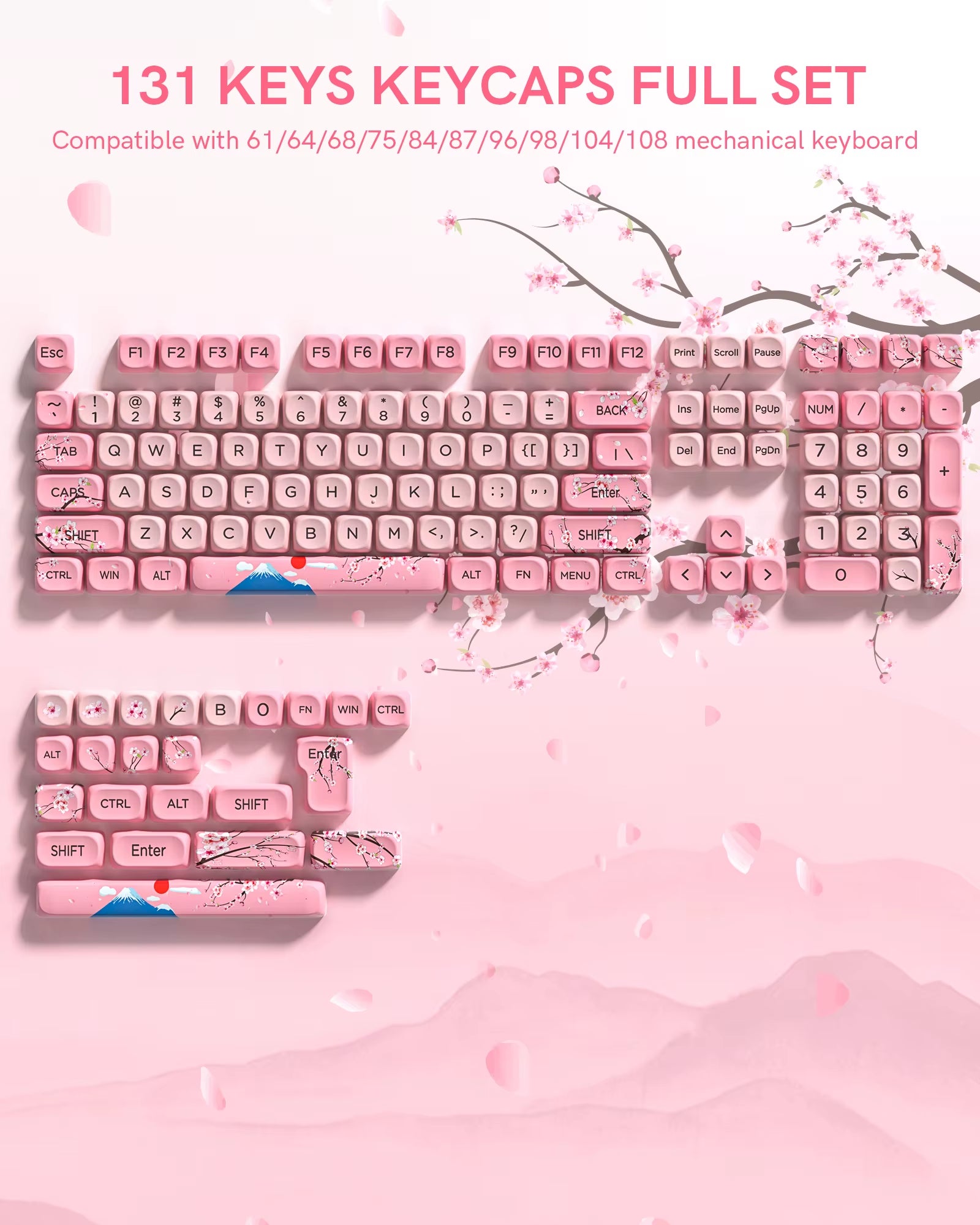 Pink Cat Dye Sublimation PBT Keycaps 136 Keys MOA Profile Keyboard Keycaps for Cherry Gateron MX Switches Mechanical Keyboards