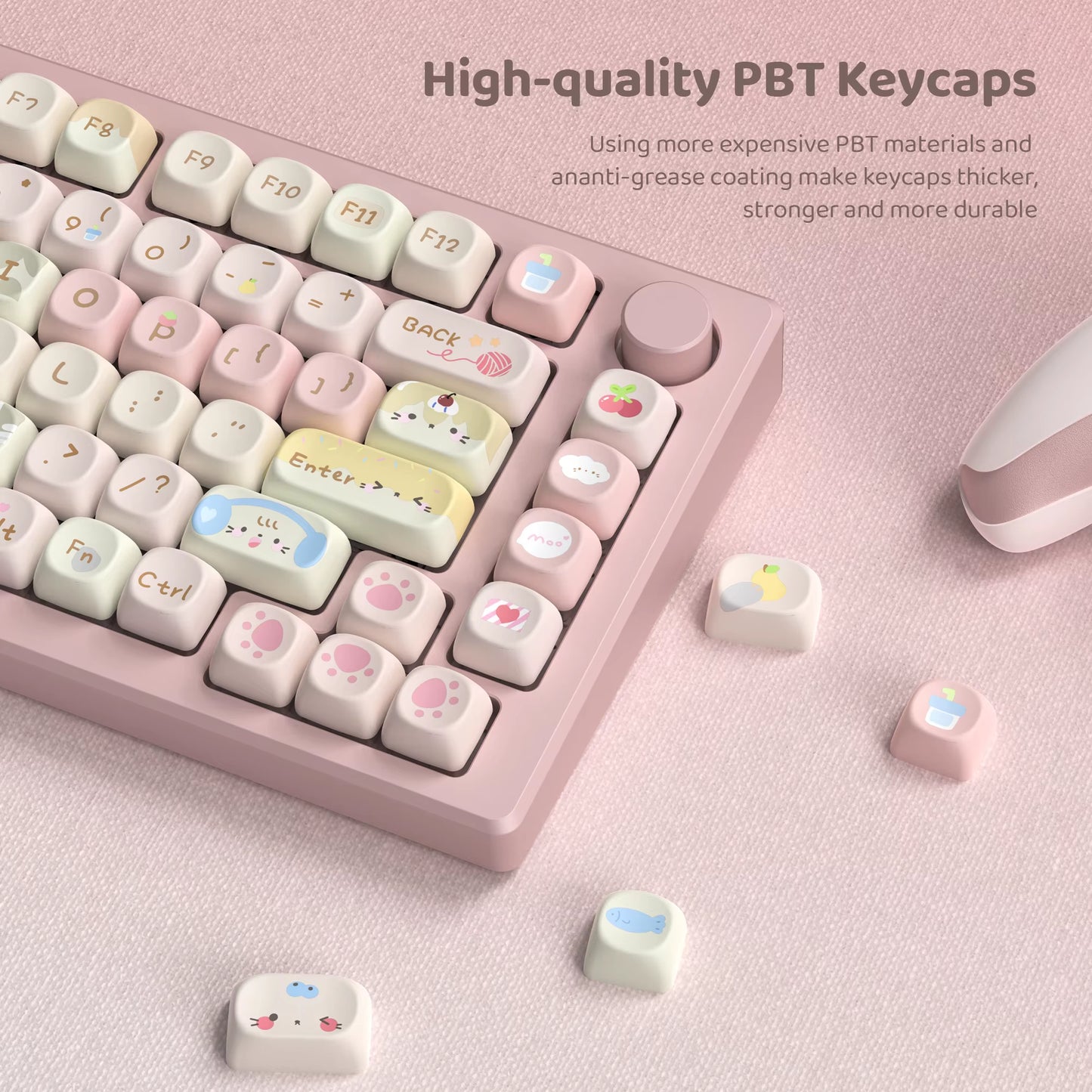 Pink Cat Dye Sublimation PBT Keycaps 136 Keys MOA Profile Keyboard Keycaps for Cherry Gateron MX Switches Mechanical Keyboards